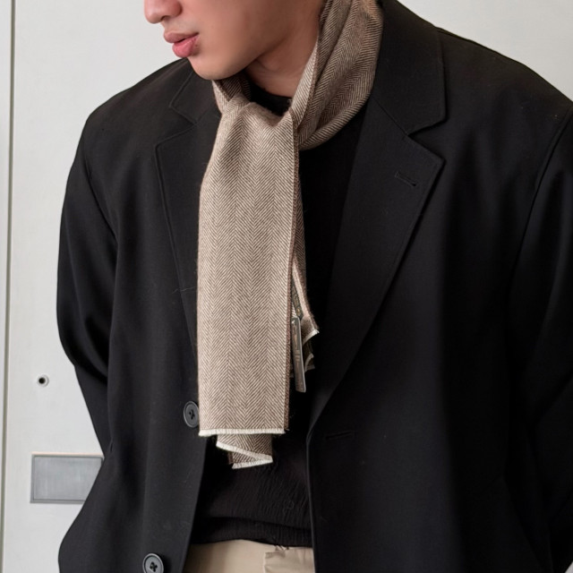 秘魯頂級皇家羊駝毛Royal Alpaca短版圍巾-摩卡慕斯人字紋BF13