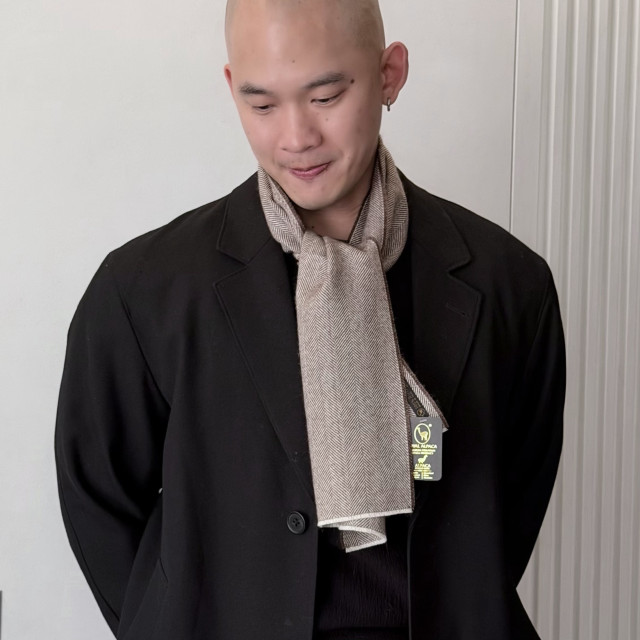 秘魯頂級皇家羊駝毛Royal Alpaca短版圍巾-摩卡慕斯人字紋BF13