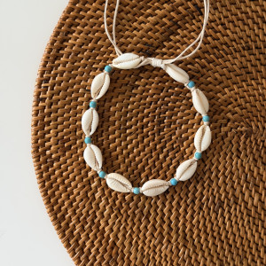 峇里島手工可調式貝殼腳鍊-藍珠貝殼