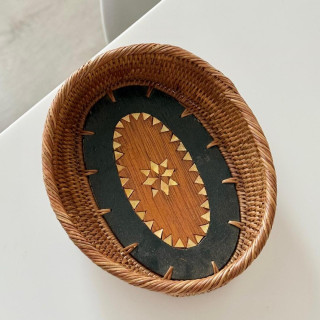 印尼手工藤編圖騰拼接木小籃