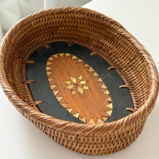 印尼手工藤編圖騰拼接木小籃