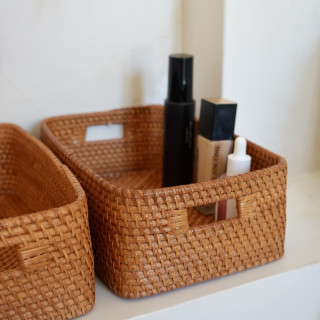 印尼手工藤編方型把手置物籃（中）