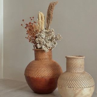 印尼手工藤編拼接木頭花瓶
