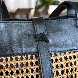 印尼手工窄版藤編牛皮扭結肩背包-橘咖色