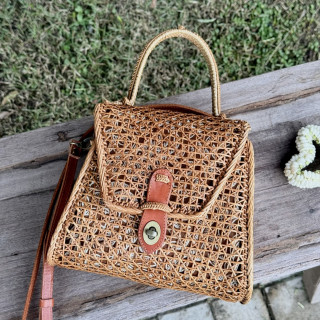 印尼藤編手工兩用牛皮凱莉包