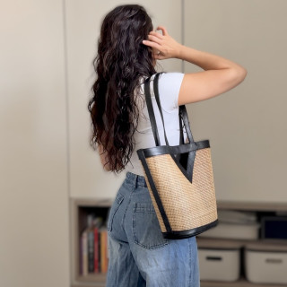 印尼手工肩背牛皮托特包-黑色