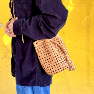 印尼手工真皮編織水桶包