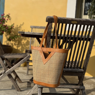 印尼手工肩背牛皮托特包-橘咖色