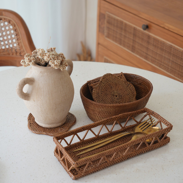 印尼手工藤編方形杯墊