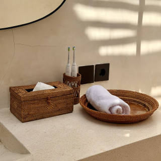 印尼手工藤編ATA拼接木頭圓形籃