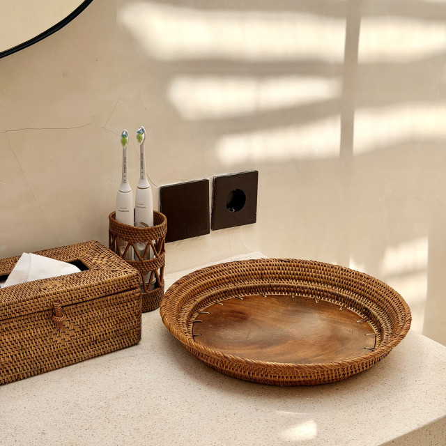 印尼手工藤編ATA拼接木頭圓形籃