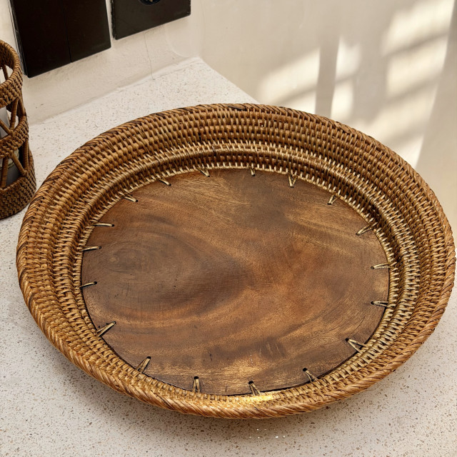 印尼手工藤編ATA拼接木頭圓形籃