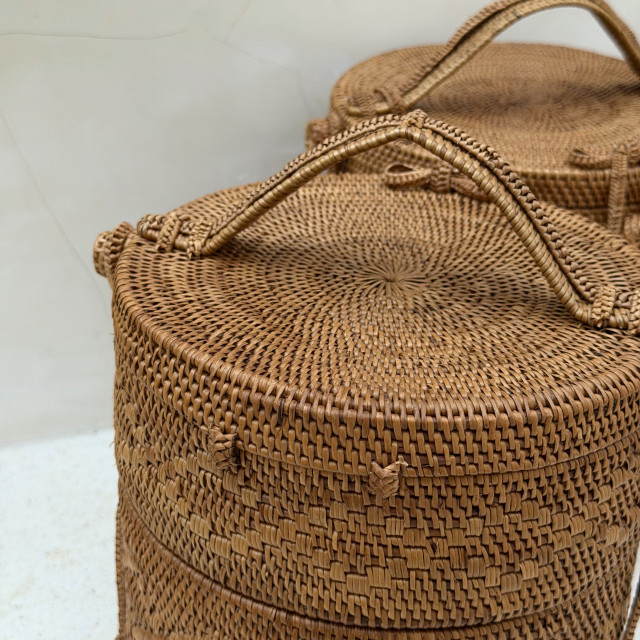 印尼手工ATA藤編圓形三層野餐盒