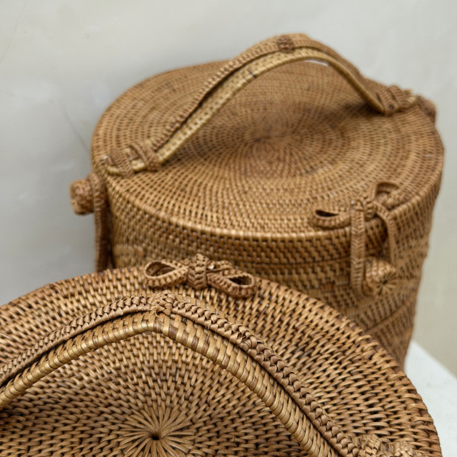 印尼手工ATA藤編圓形三層野餐盒