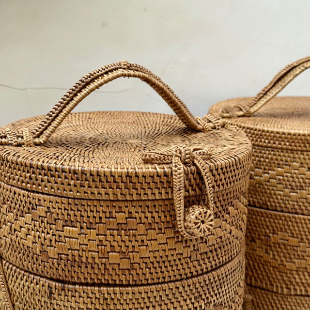印尼手工ATA藤編圓形三層野餐盒