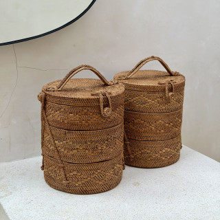 印尼手工ATA藤編圓形三層野餐盒