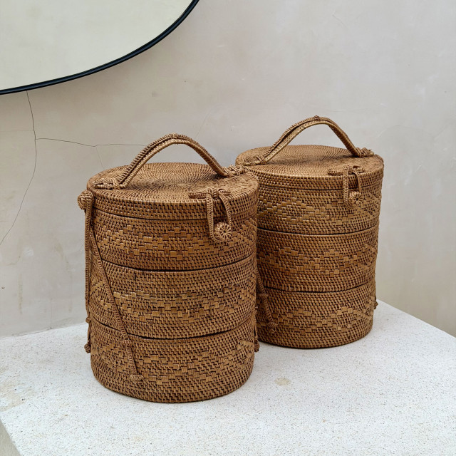 印尼手工ATA藤編圓形三層野餐盒