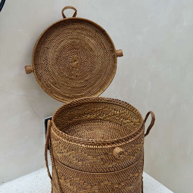 印尼手工ATA藤編圓形三層野餐盒