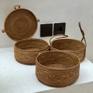 印尼手工ATA藤編圓形三層野餐盒