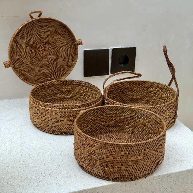 印尼手工ATA藤編圓形三層野餐盒