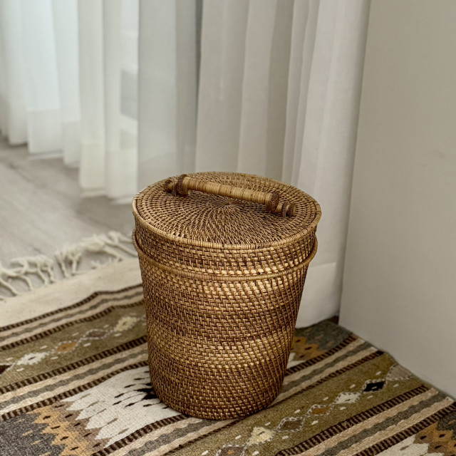 印尼手工藤編收納桶-茶棕色