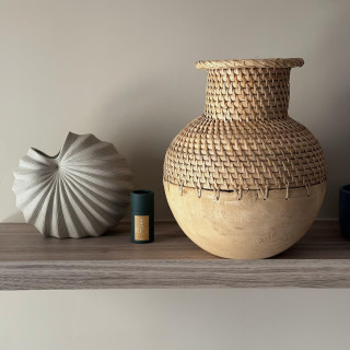 印尼手工藤編拼接木頭花瓶-米白色 (VA02)